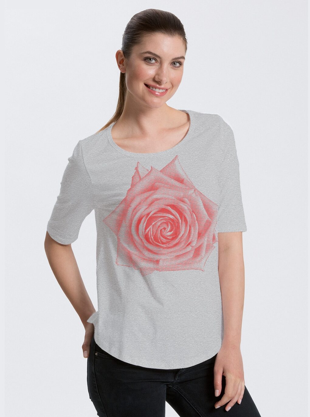 Damen Shirt mit bis zur Ellenbeuge lange Ärmel mit Rosenaufdruck. Shirt in der Farbe Hellgrau.