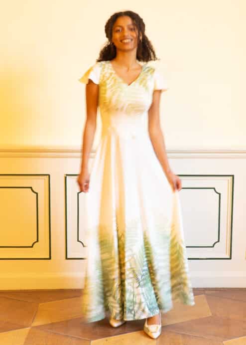 Farnzauber-Festkleid aus Tencel - handbedruckt und in Österreich hergestellt